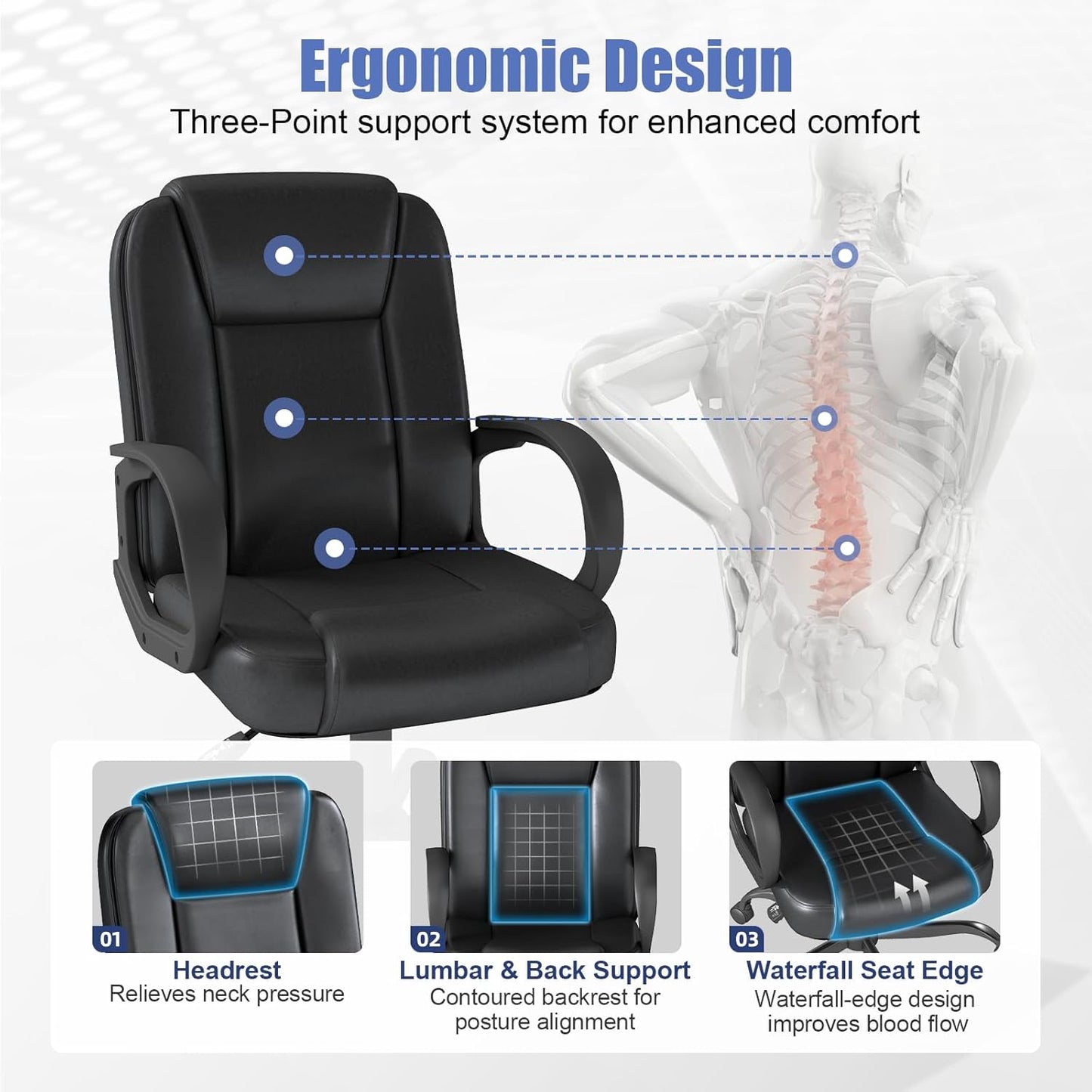 ZZH Executive Office Chair, Leather Desk Computer Chair with Armrests, Mid-Back Swivel Adjustable for Home Office, 6PC, Black