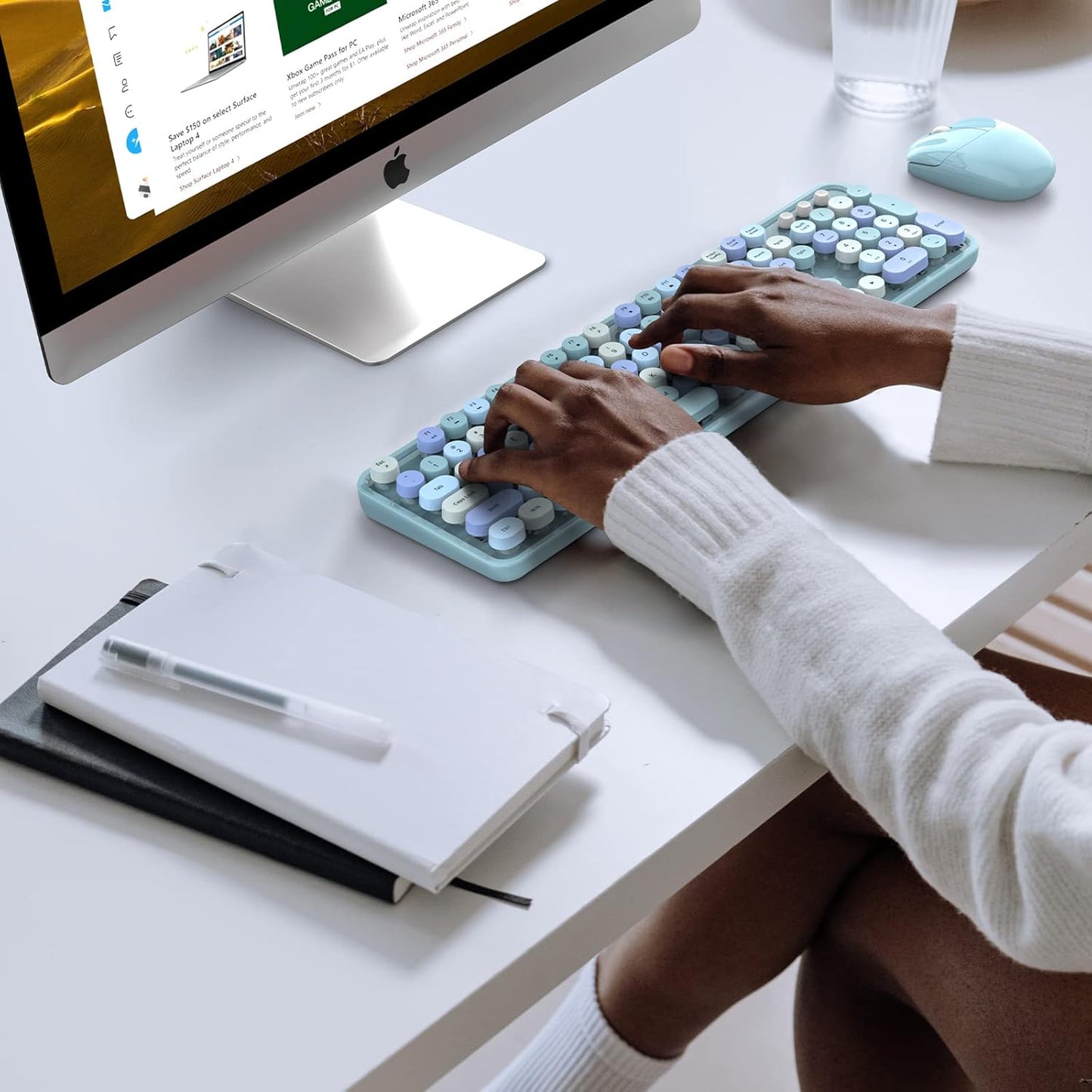 Wireless Keyboard and Mouse Combo, MOWUX Colorful Computer Full Size 2.4G Plug and Play Wireless Typewriter Keyboard and Mouse Set for Windows, Computer, Desktop, PC, Notebook (Blue Colorful)