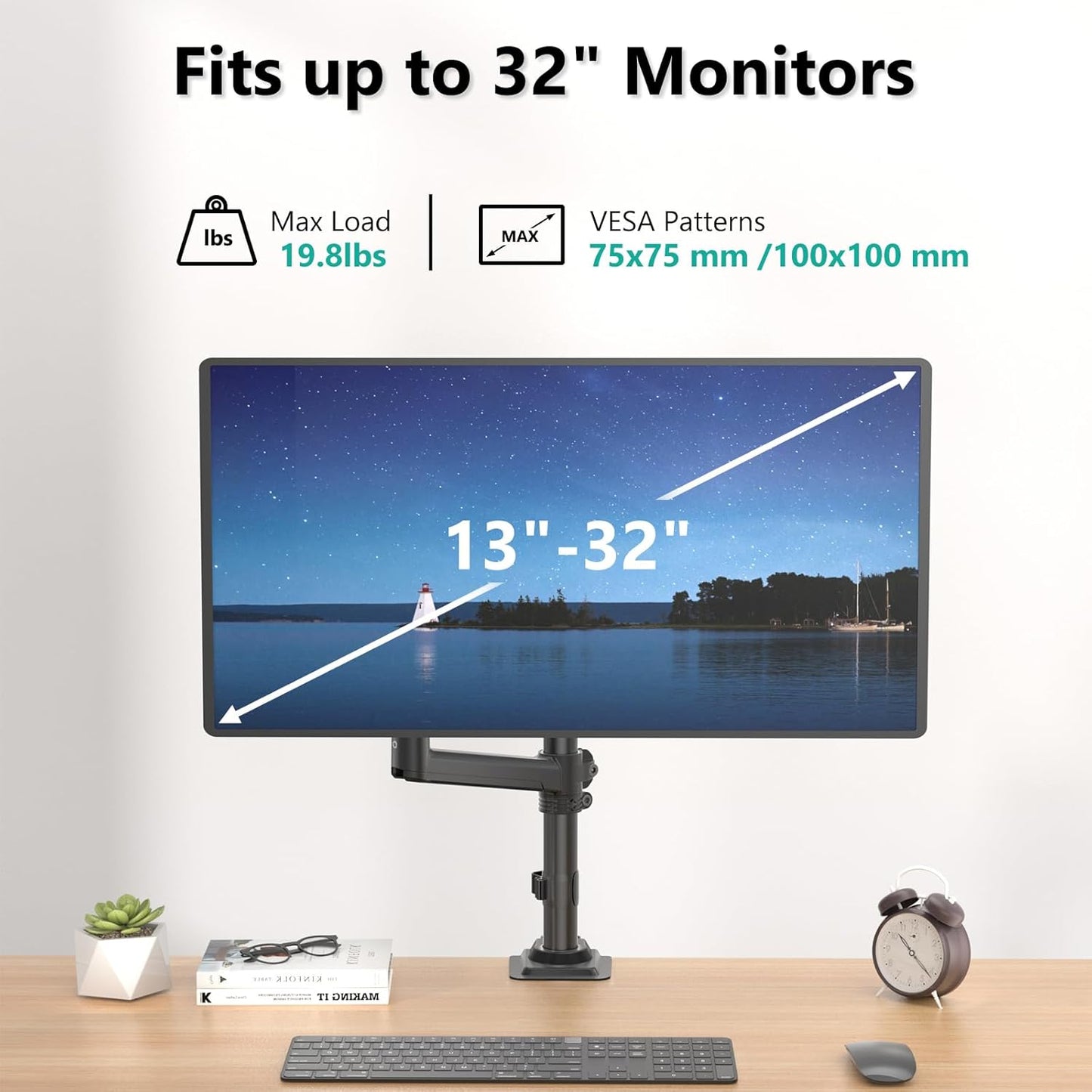 WALI Single Monitor Arm 13-32 Inch, Single Monitor Mount, Vesa Desk Mount up to 19.8lbs Gas Spring Arm with Clamp, VESA 75x75mm or 100x100mm Compatibility(GSDM001), Black