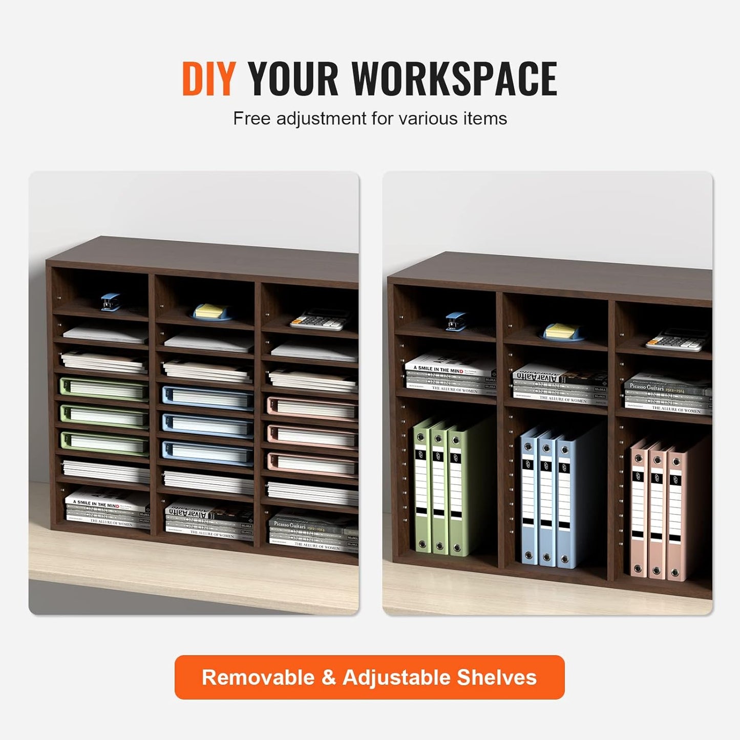 VEVOR 24-Compartment Office Mailbox, Adjustable Shelves, Wood Literature Sorter 29x12x24.4 inches – Ideal for Office, Home, Classroom, Mailrooms Organization – EPA Certified (Brown)