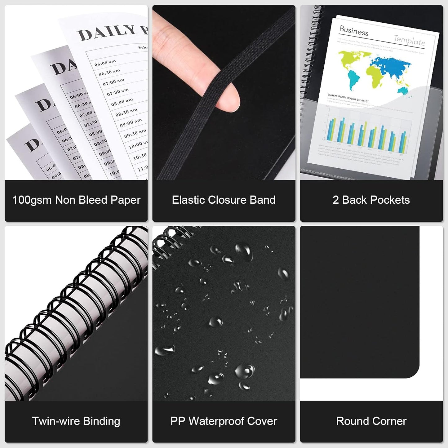 Planner Undated, Asten Daily Planner Agenda with To Do List, Hourly Schedules for Women and Men, Spiral Appointment Book with Elastic Closure, Inner Pocket 8.5" x 11" (Black)