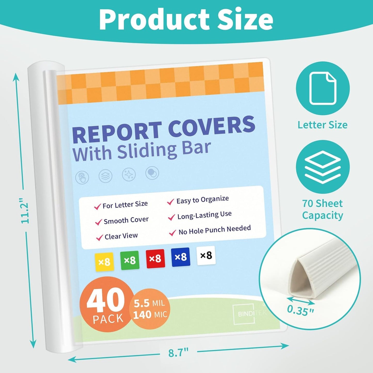 Binditek 40 Pack Clear Report Covers with Sliding Bars, 70 Sheet Capacity, 9mm Sliding Bar File Folder, Letter Size, 5.5 Mil Thick, 5 Assorted Colors, for Students and Coworkers