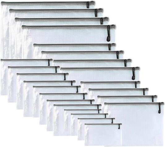 Oaimyy-24 Pcs Plastic Mesh Zipper Pouch Document Folders Bag Zip File Folders for School Office Supplies, Travel,Puzzles Games Organizing Storage-Black (MultiSize)