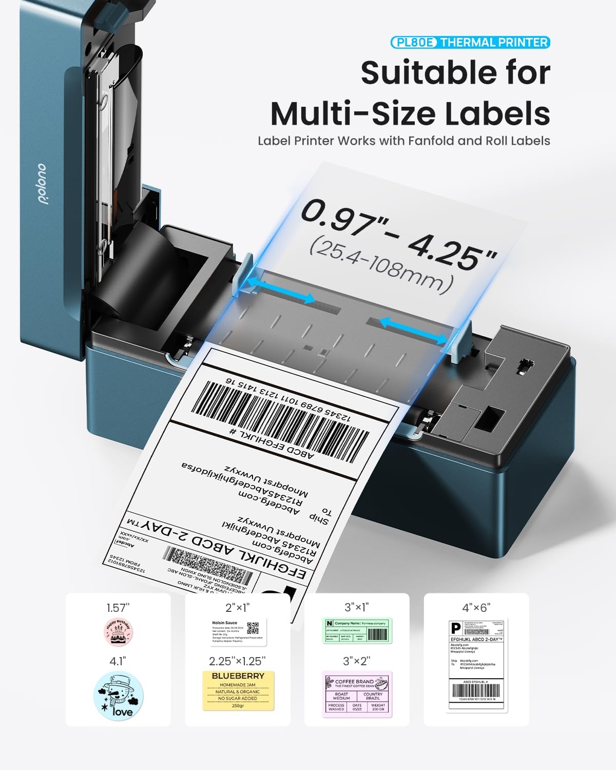 POLONO Bluetooth Thermal Shipping Label Printer, Wireless 4x6 Shipping Label Printer for Small Business, Support iOS, Android, Windows and Mac, Compatible with Amazon, Ebay, Shopify, 1 Pack (Blue)