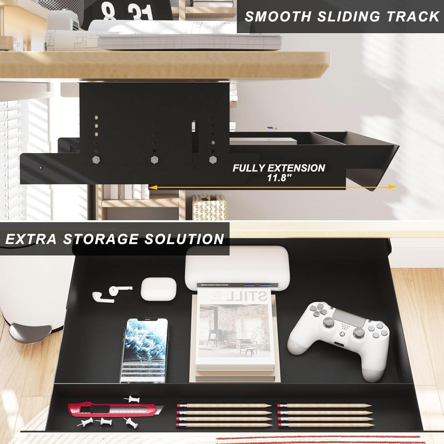 Under Desk Mounted Sliding Pull-Out Drawer Height Adjustable Apply to Tables with Front Crossbar,Adjustable Clearance Up to 3.5",Compatible with Most Stand Up Workstation