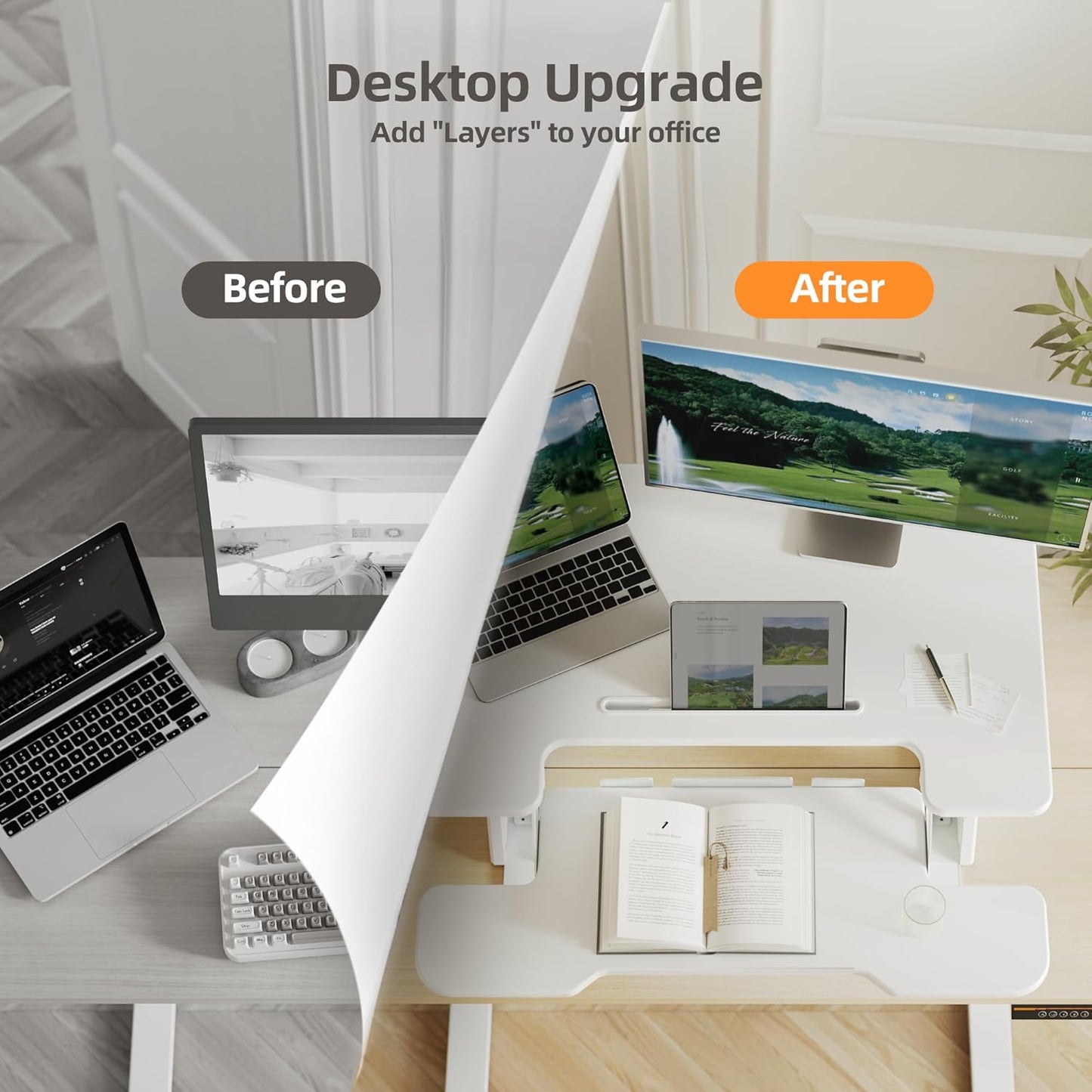 Claiks Standing Desk Converter 32 inch, Height Adjustable Sit Stand Up Desk Riser, Quick Sit to Stand Tabletop Dual Monitor Riser Workstation for Home Office with Keyboard Tray, White