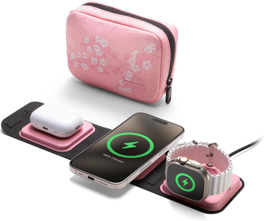 Mophie 3-in-1 Travel Charger with MagSafe - Portable Wireless Charging Hub, Compatible w/iPhone 17/16/15/14/13/12 Series, Apple Watch Series 11 to 1 & Ultra, AirPods Pro/3rd Gen, Cherry Blossom Pink