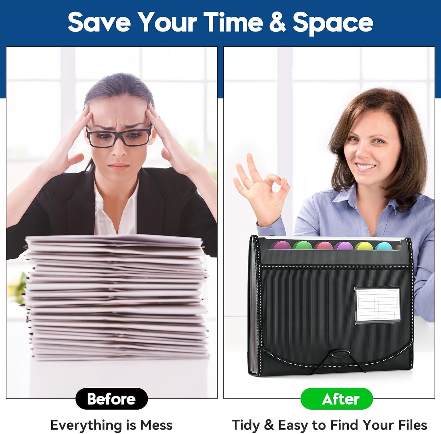 12-Pocket-Expanding File-Folder,Accordion-File-Organizer, A4/US Letter Size Paper Receipt Organizer Accordian Filing Folders (Black-C-12 Pockets)