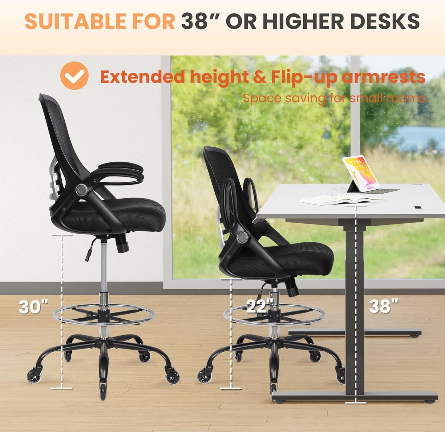 HYLONE Drafting Chair Adjustable, Tall Office Chair Lumbar Support Ergonomic Standing Desk Chair Heavy Duty Tall Drafting Stool for Artists with Footrest Home Office Drafting Stool