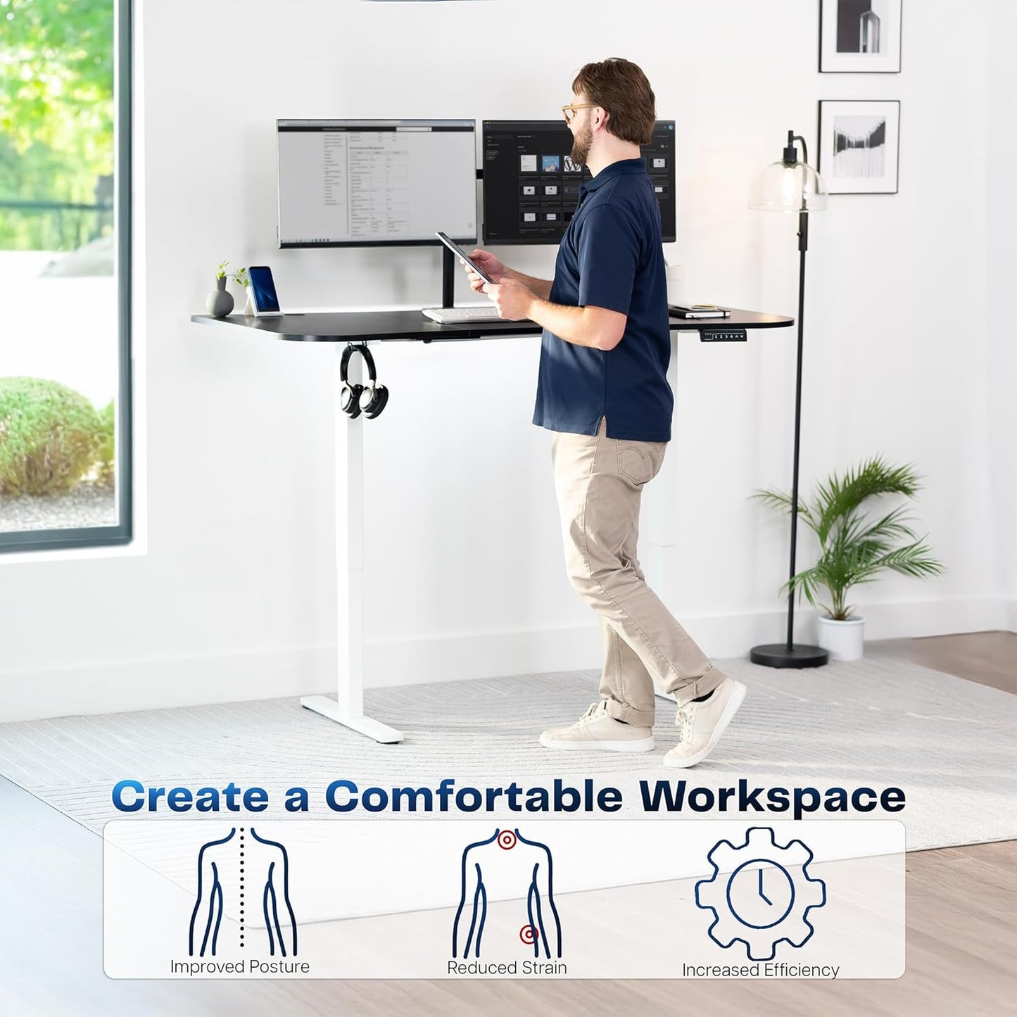 VIVO Electric 63 x 32 in Standing Desk, Memory Height Adjustment, 1B Series, Black Carbon Fiber Top White Frame, DESK-KIT-1W1R