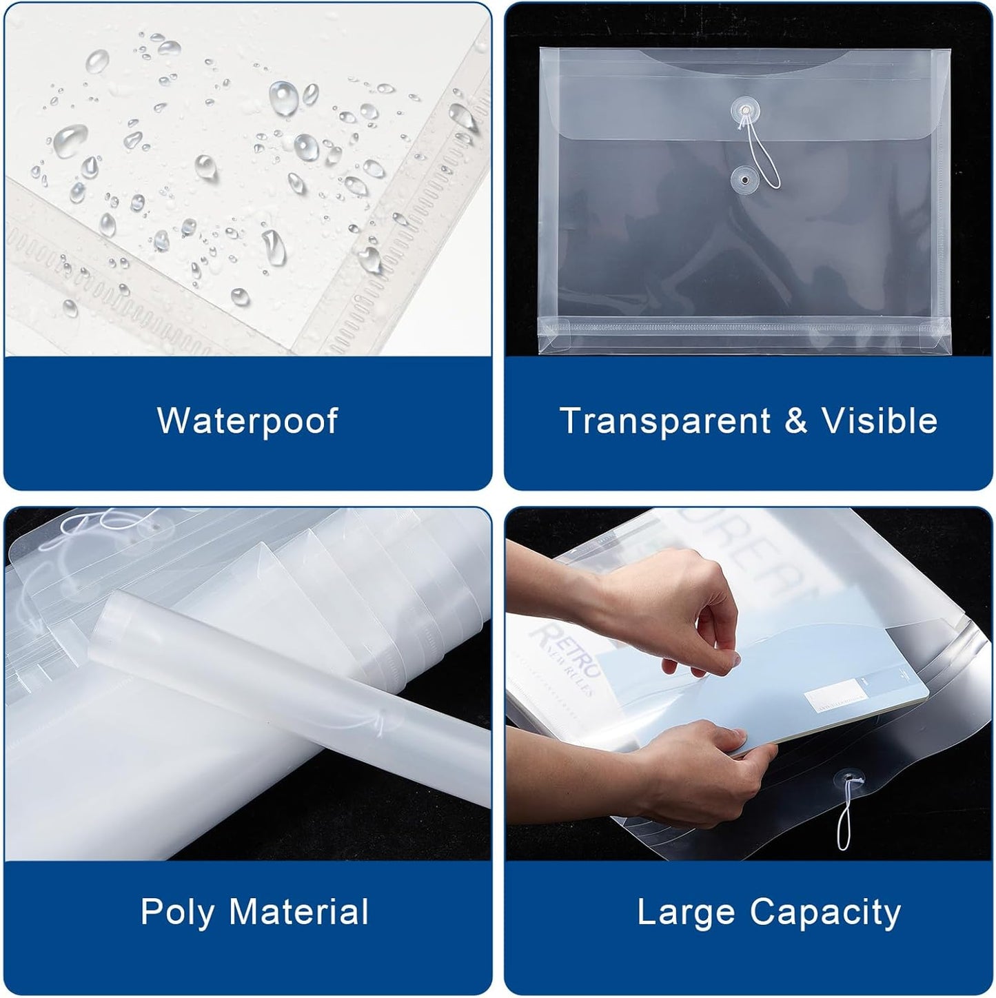 Clear Poly Envelopes with String Closure 10 Pack, EGOSKY Transparent Envelope Folders with Top Opening, Reusable Plastic File Folders for School and Office Suppiles