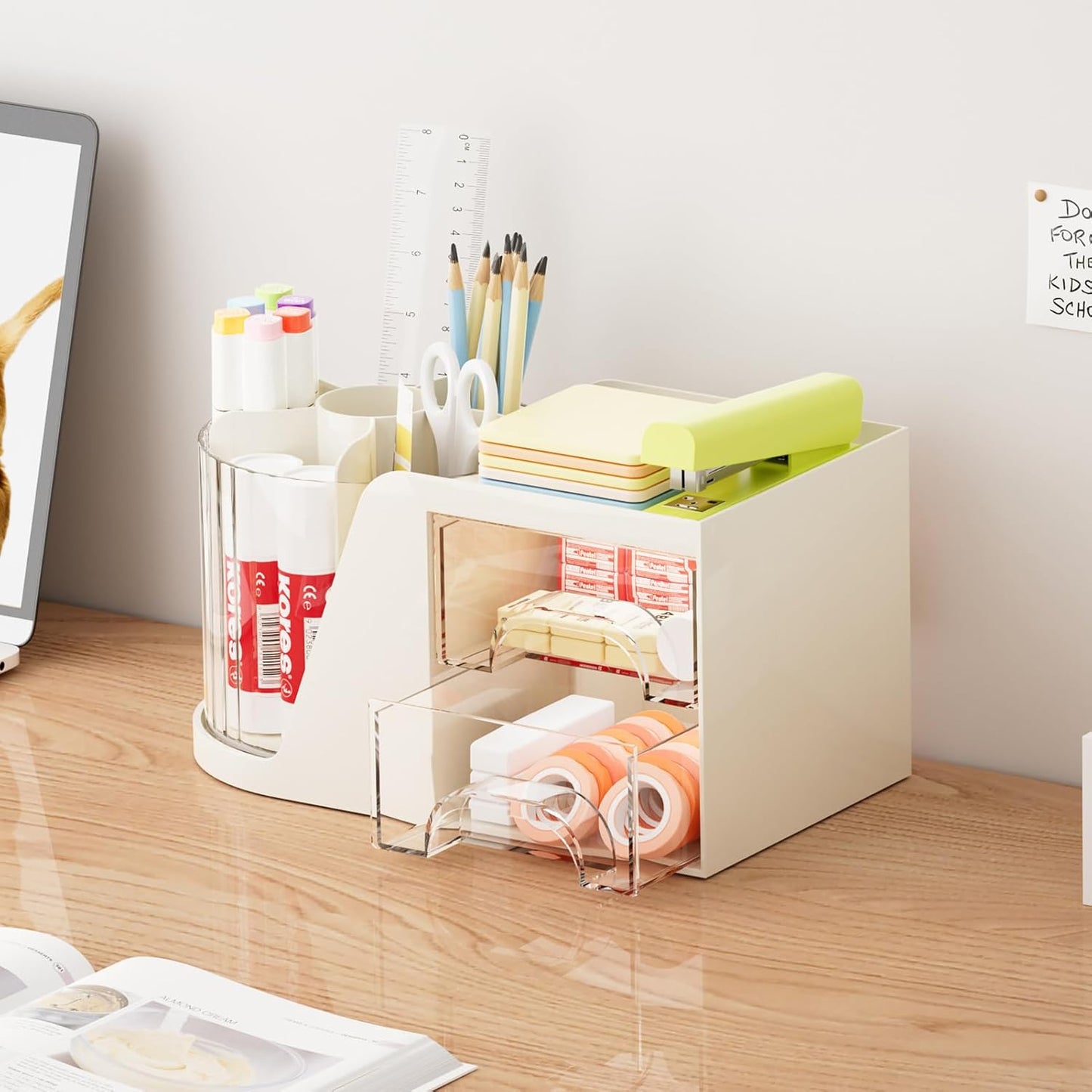 Marbrasse Desk Organizer with 2 Drawer, 360°Rotating Pen Holder, Desk Organizers and Accessories with 6 Slots Pencil Organizer + 2 Drawer, Art Supply Storage Box Caddy for Office (Beige)