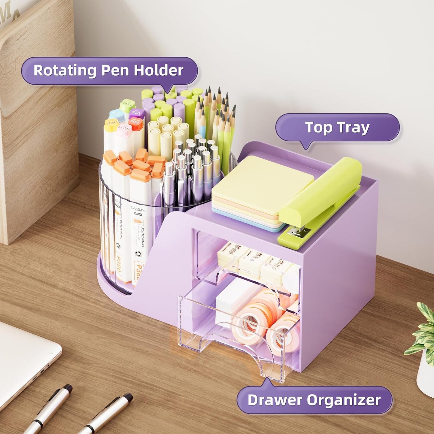 Marbrasse Desk Organizer with 2 Drawer, 360°Rotating Pen Holder, Desk Organizers and Accessories with 6 Slots Pencil Holder + 2 Drawer, Art Supply Storage Box Caddy for Office (Purple)