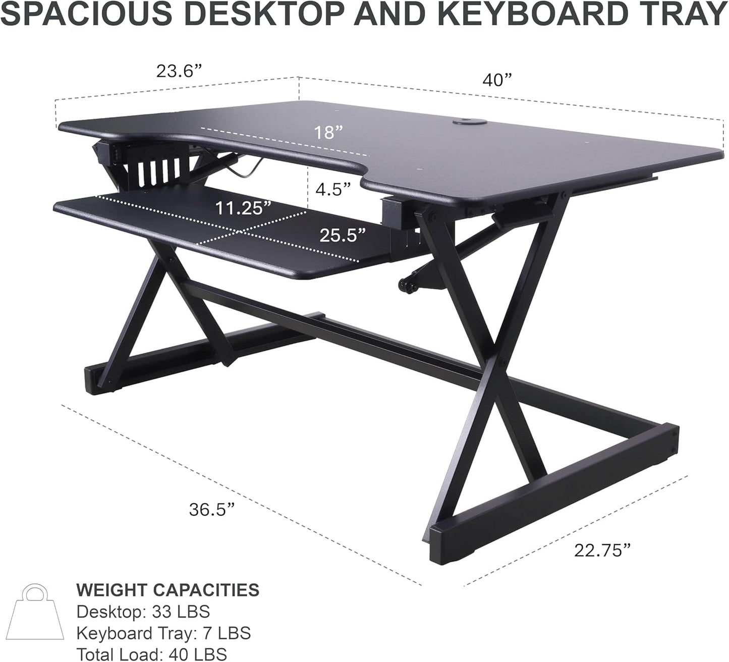 Rocelco 40" Height Adjustable Standing Desk Converter with AC Outlet and USB Charger - Gas Spring Sit Stand Up Dual Monitor Tabletop Riser Workstation - Large Keyboard Tray - Black (R DADRB-40-ACUSB)