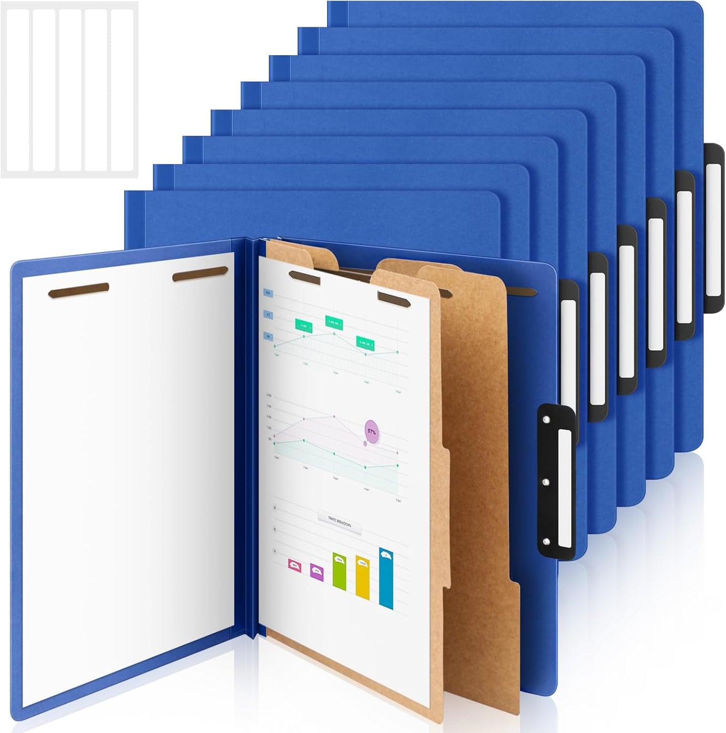Henoyso 12 Pcs Classification Folders with Prongs, 2 Dividers, 1/3-cut Flat Tab, 3 Inch Expansion, 60 Stickers, Letter Size Blue File Folder with Fasteners for Medical Law Files Office Reports