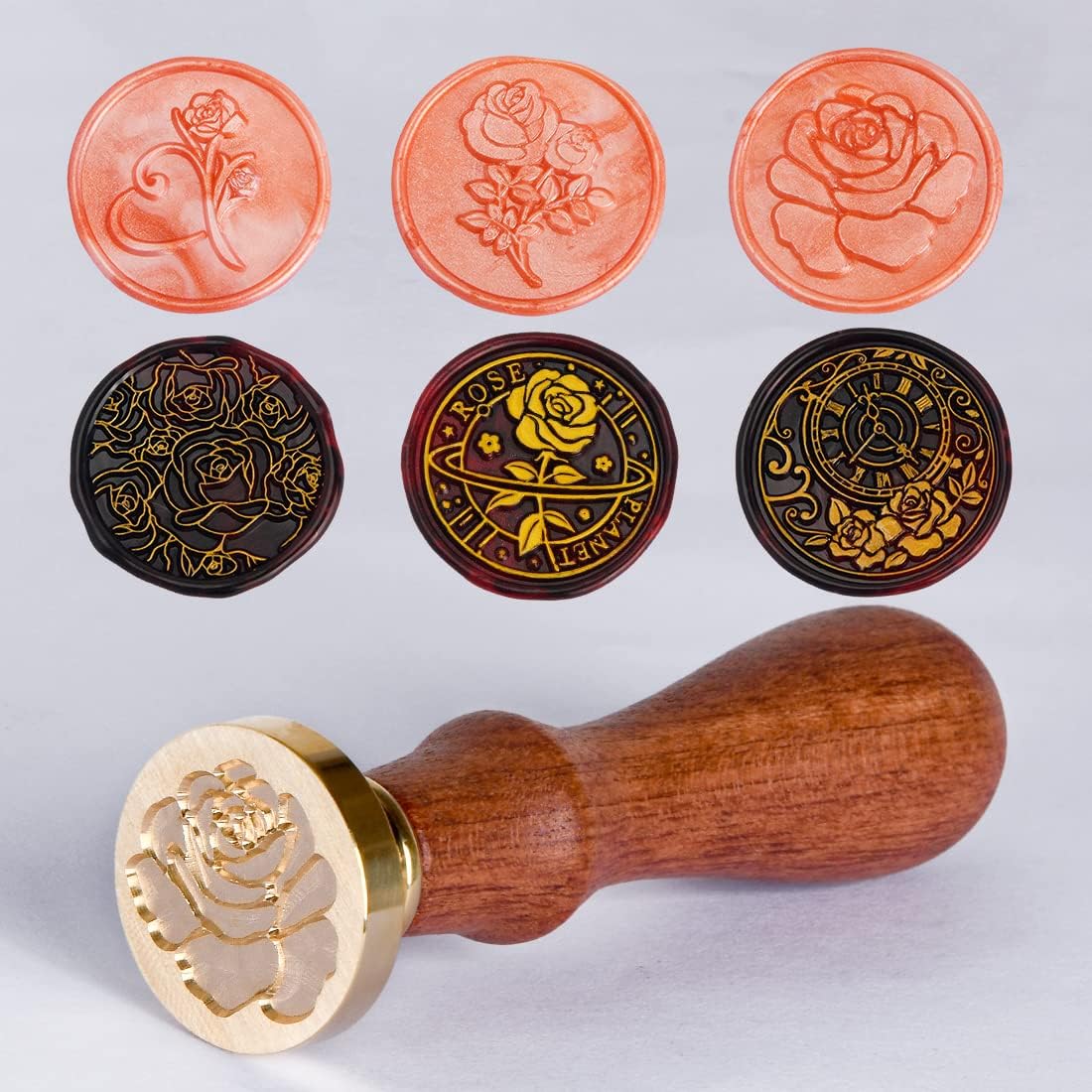 Wax Seal Stamp Kits, 6 pcs Wax Stamp Brass Head & 1 Wooden Handle, 6 Rose Designs