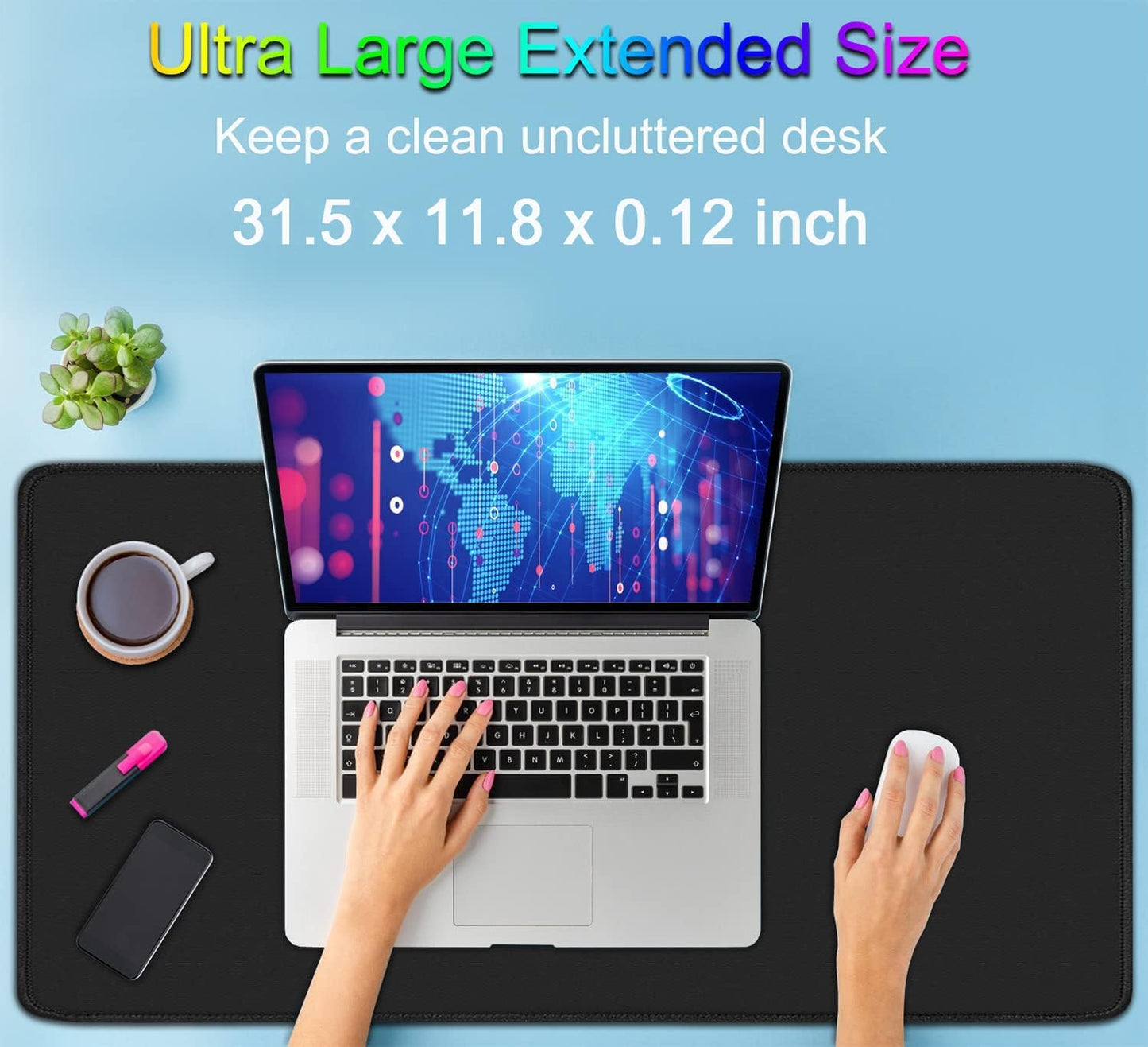 Large Mouse Pad, (31.5X11.8In) Durable Non-Slip Natural Rubber Base Desk Mousepad with Stitched Edges, Waterproof Computer Keyboard Pad Mat for Esports Pros/Gamer/Desktop/Office/Home - Black