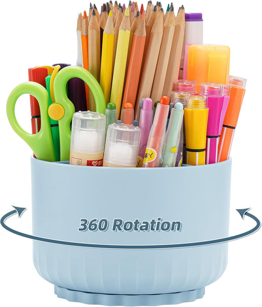 Marbrasse Desk Organizer, 360-Degree Rotating Pen Pencil Holder, Desk Organizers and Accessories with 5 Compartments Pencil Organizer, Art Supply Storage Box Caddy for Office, Home(Blue)