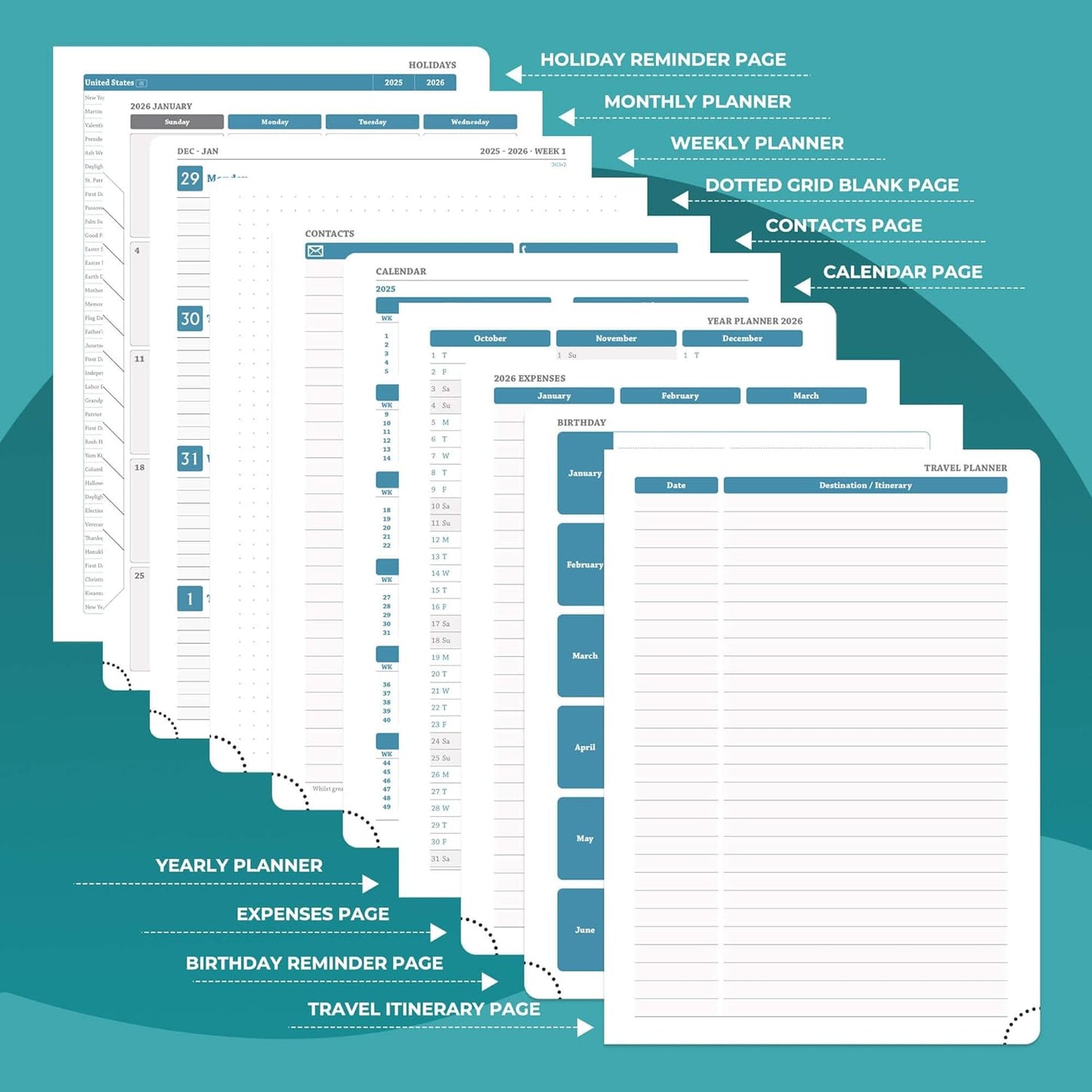 Planner 2026 Daily Weekly and Monthly,8.5"x6.5",12 Months Spiral Bound Calendar Agenda with Self-adhesive Pen Holder,2026 Appointment Book with Vegan Leather Soft Cover,Light Blue