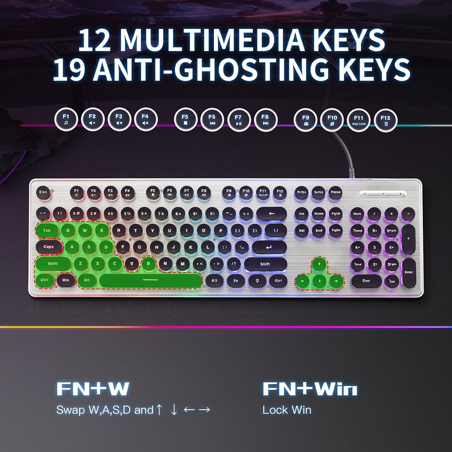 Typewriter Style Keyboard with Metal Panel, Rainbow LED Backlit, Round Keys, Anti-ghosting, Spill Resistant, Light Up USB Wired Retro 104 Keys for Office,Gaming, Black/Silver