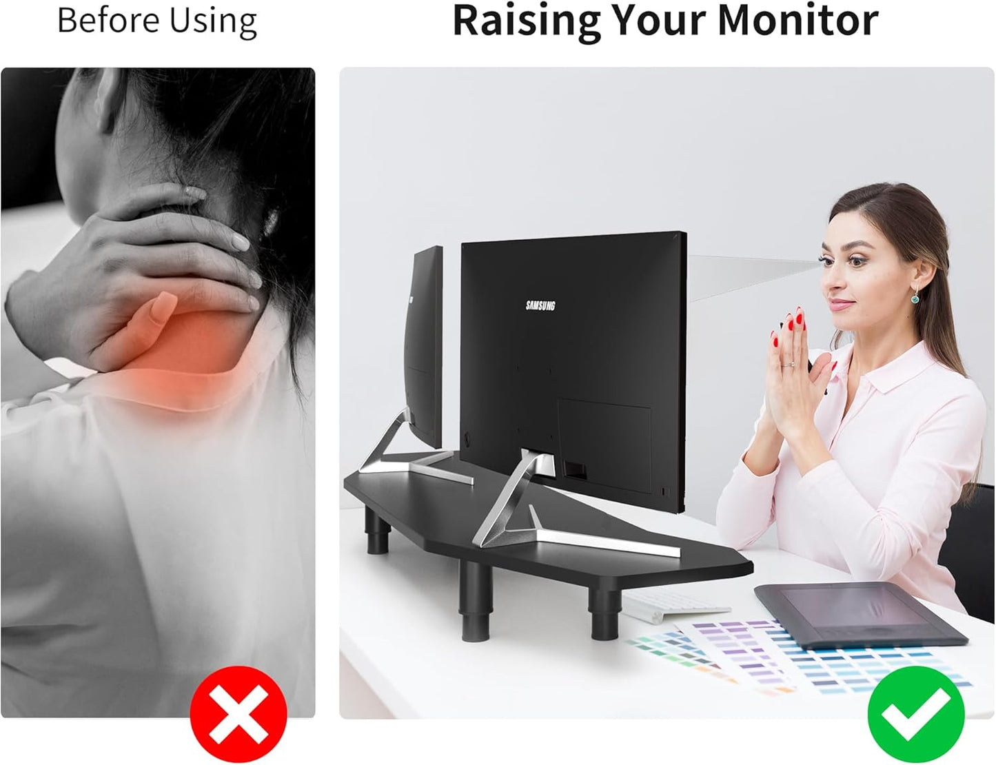 39.4 Inch Dual Monitor Stand Riser Black,Plane Wing-Shaped Sturdy Computer Desk Riser for 2 Monitors, Adjustable Length and Wood Monitor Stand for Laptop, Computer,Extra Long