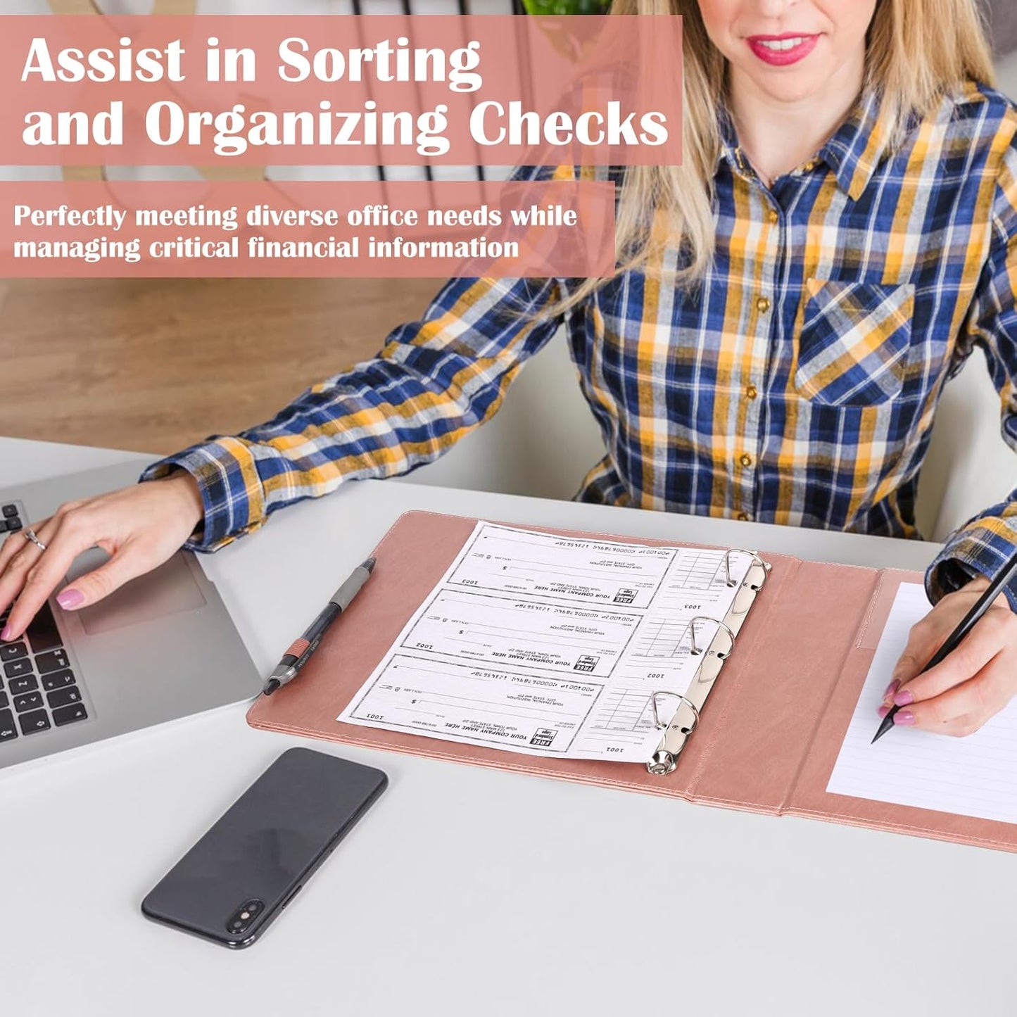 9" x11 1/4" PU Leather 3 Rings Personal Checks Binder for End-Stub Deskbook 3-Ring Binders for Desk Check fit 3 & 9 Holes Checkbook Binder Cover for Business Finances (Not Fit 7 Holes,Rose Gold)