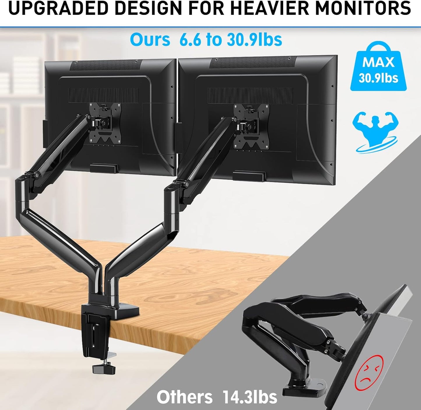 MOUNTUP Dual Monitor Mount for 2 Max 35 inch Ultrawide Screens, Hold 6.6-30.9lbs, Full Motion Gas Spring Monitor Desk Arm, Heavy Duty Dual Monitor Stand for Desk, VESA Bracket with Clamp/Grommet Base