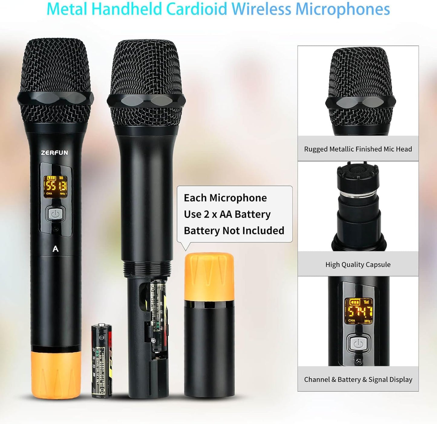 Pro Wireless Microphone System 4 Channel, UHF Metal Cordless Handheld Headset Lavalier Lapel Mics for Church Karaoke Singing, 4x50 Adjustable Frequency(G8 Battery 2 Handheld 2 Bodypack)