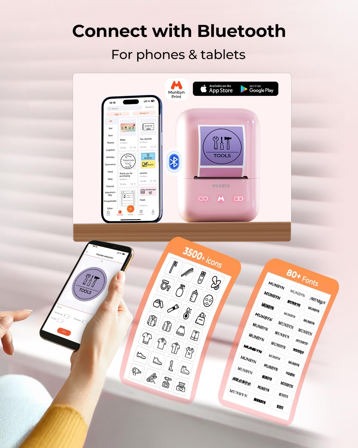 MUNBYN FM226 Label Maker Machine with Tape,203 DPI High Printing 8H Battery Life 2 Inch Bluetooth Portable Thermal Sticker Printer for Small Business, Address, Clothing with 1.97''x1.18'' Label(Pink)