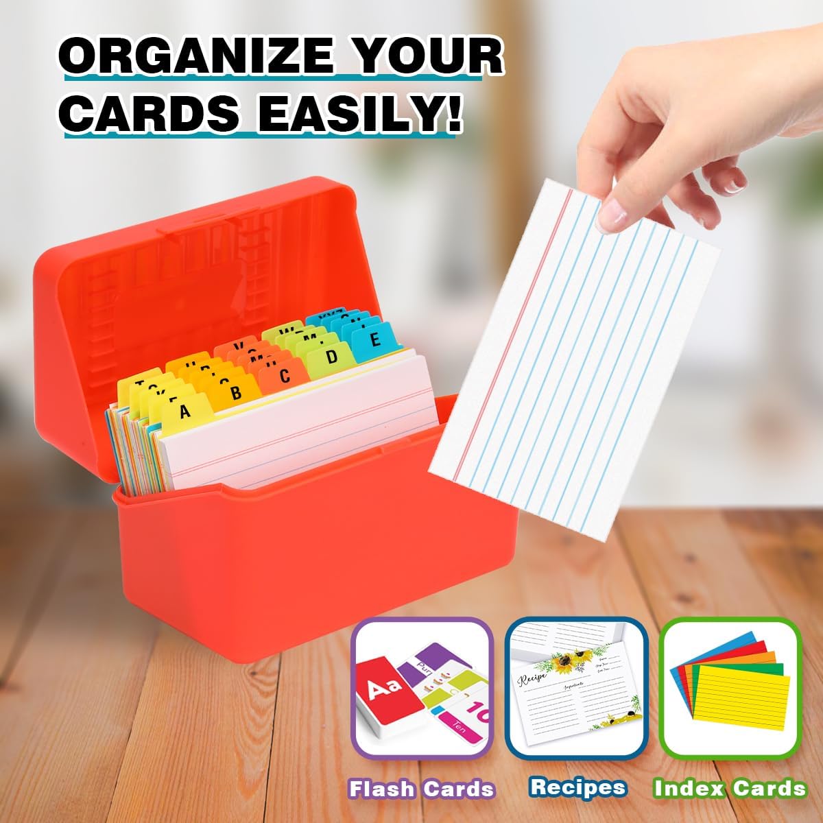 H4D 3x5 Index Card Holder with 100 Heavyweight Ruled Index Cards and 25 Plastic Dividers, Red