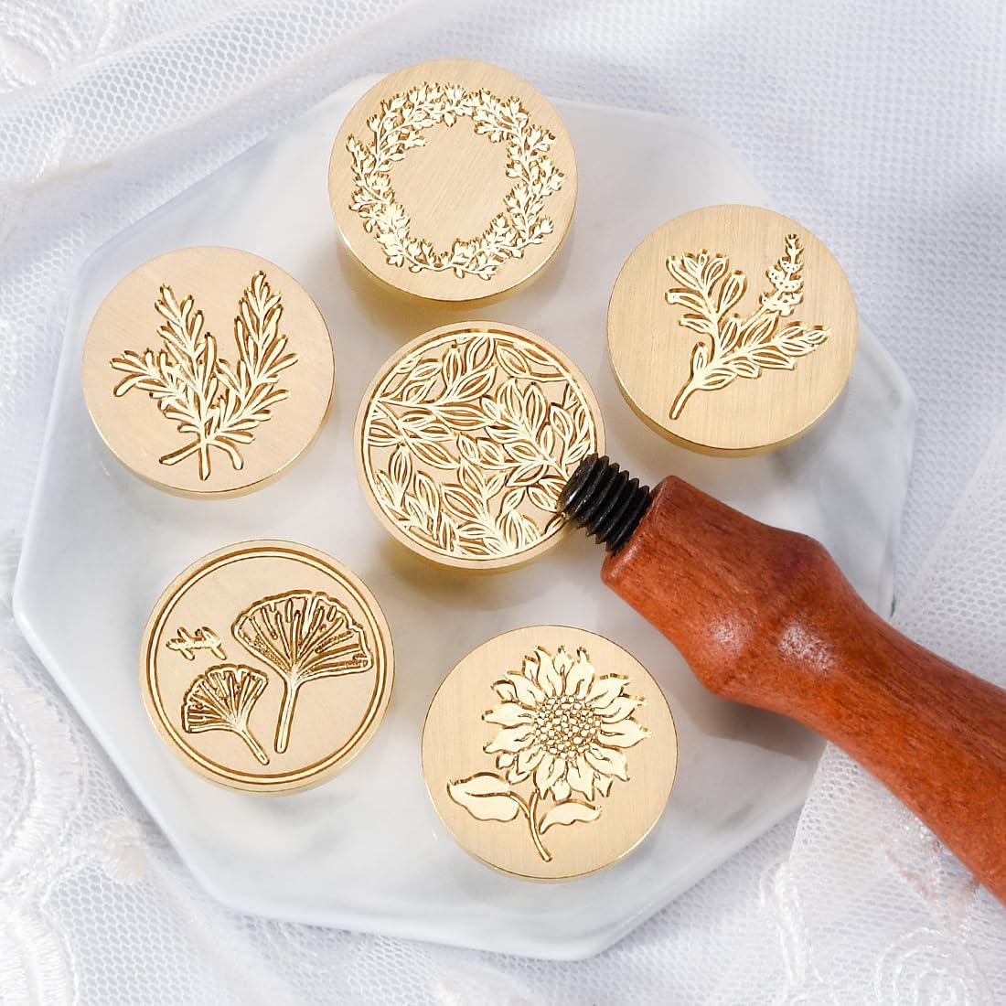 Wax Seal Stamp Set, 6 pcs Brass Head Wax Stamp & 1 Wooden Handle, 6 Botanical Designs (Rosemary, Sunflower, Ginkgo Leaf, Wreath, Leaves, Eucalyptus)