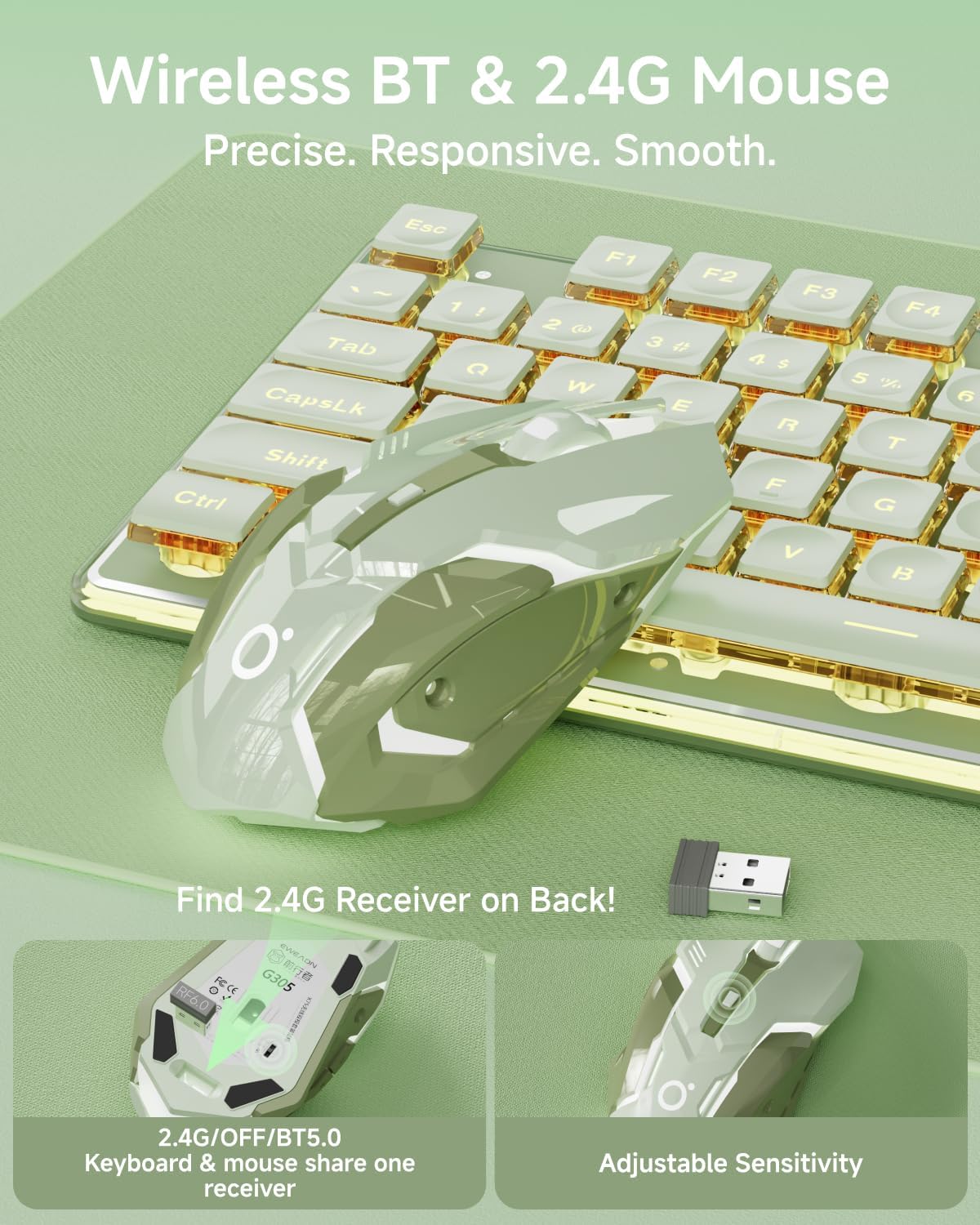V3 Wireless Keyboard and Mouse with Single Backlit, Metal Panel, Bluetooth/2.4G Rechargeable Silent Keyboard and Mouse Combo Light up Full Size Cute Keyboards-Green