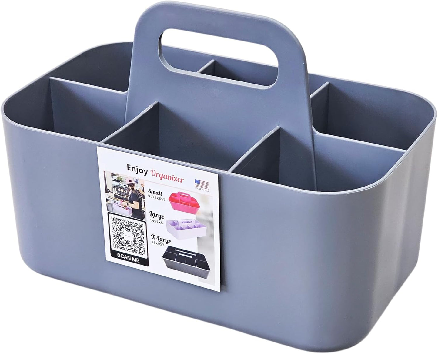 2 Pack Small 6 Compartment Multiuse Caddy Organizer with Handle Art Craft Supplies, Office, Desk, Stationery Pen Holder Stackable- Made In USA (Mint/Gray)