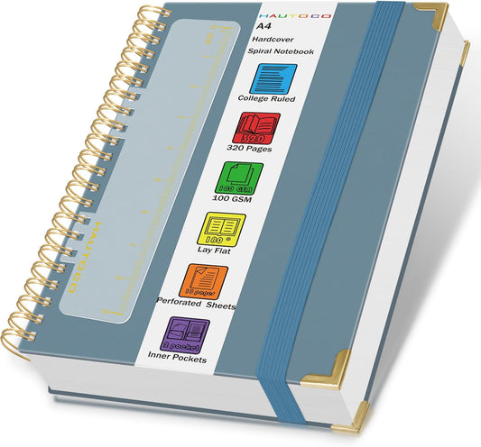 HAUTOCO Spiral Notebook Journal 8.5"x 11", College Ruled Leather Notebook with 320 Pages, 100 GSM Paper, A4 Hardcover Notebook, Lined Journaling Notebooks for Work, Office, School, Business, Airy Blue