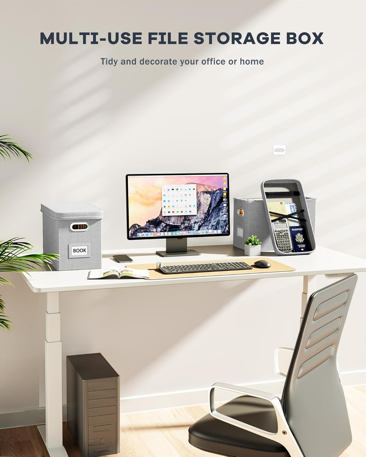 Oterri File Organizer Box with Lid, Hanging Filing File Box with Mesh Pocket, Document Organizer Box for Letter Files, Portable Storage Box with Smooth Sliding Rail for Office&Home (2 PCS, Light grey)