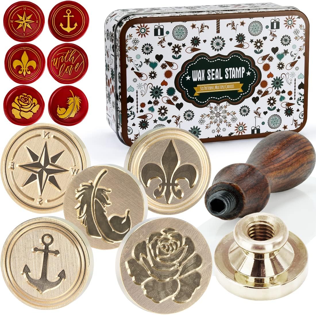 Wax Seal Stamp Kit, 6 pcs Brass Head Wax Stamp & 1 Wooden Handle, 6 Designs (Anchor, Feather, Fleur-de-lis,Compass, with Love, Rose Flower)