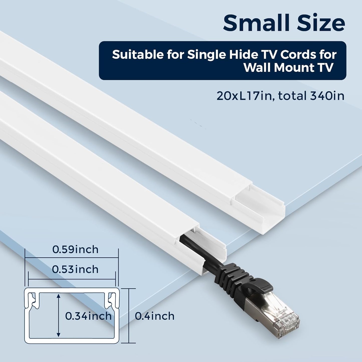 340in Cord Covers for Wires on Wall, One-Cord Wire Covers for Cords, Small White Cord Hider Wall, LZEOY Cable Raceway Wire Hider for Cords, Paintable Cable Concealer - 20x L17 W0.59in H0.4in