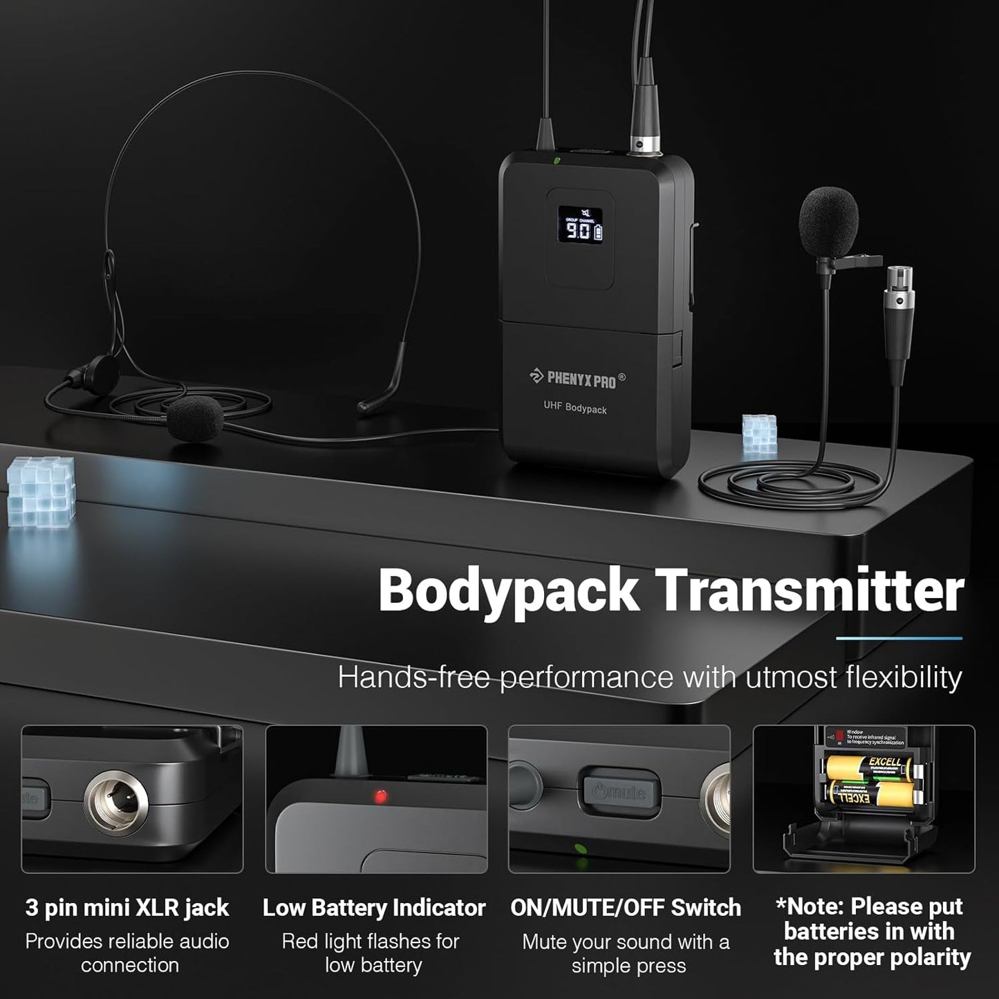 Phenyx Pro Dual UHF Wireless Microphone System，Auto-Scan Cordless Mic Set w/ 2x100 Frequencies, 2 Bodypacks & Headsets/Lapel Microphones for Speaking, Singing, Church, DJ (PTU-71-2B)