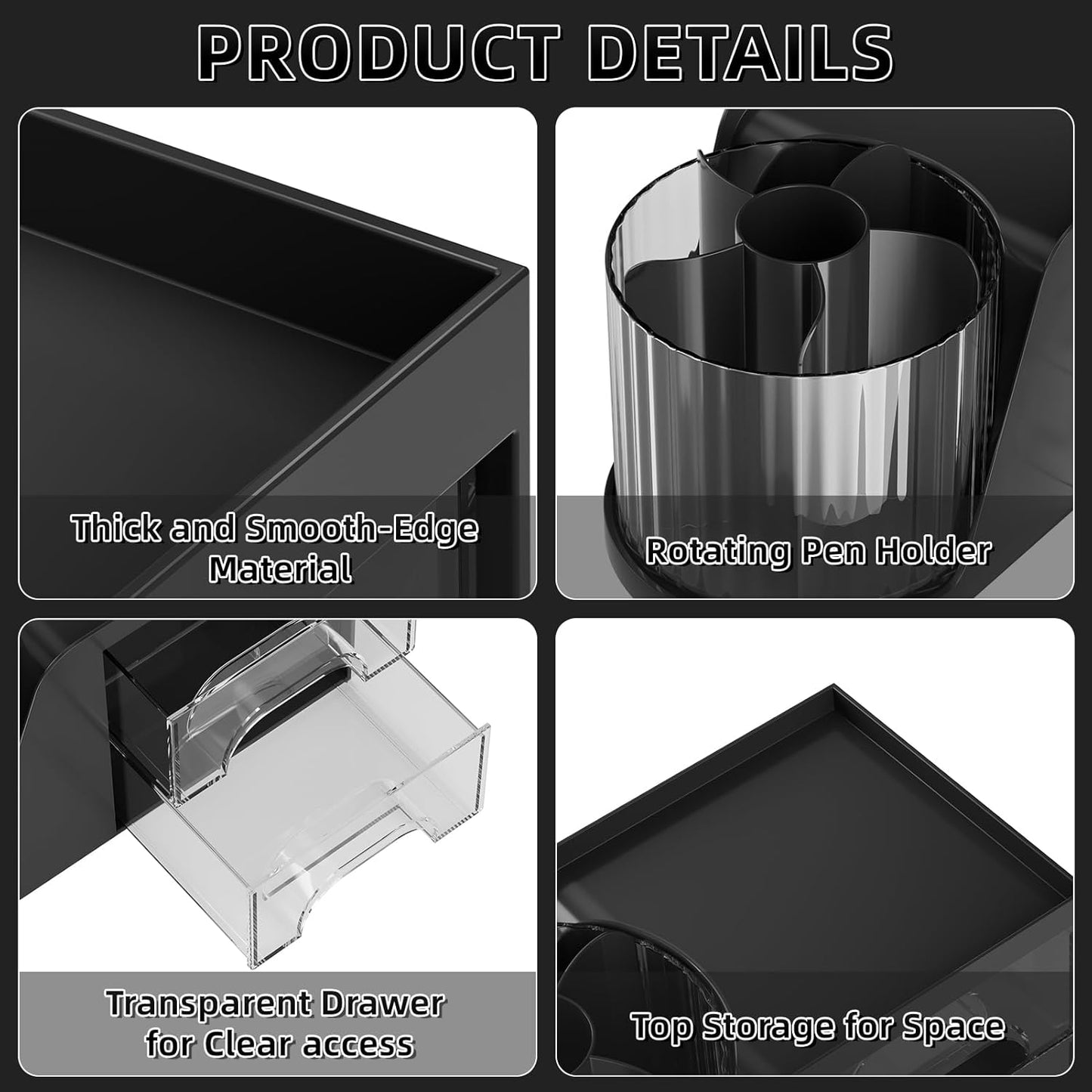 Marbrasse Desk Organizer with 2 Drawer, 360°Rotating Pen Holder, Desk Organizers and Accessories with 6 Slots Pencil Holder + 2 Drawer, Art Supply Storage Box Caddy for Office (Black)