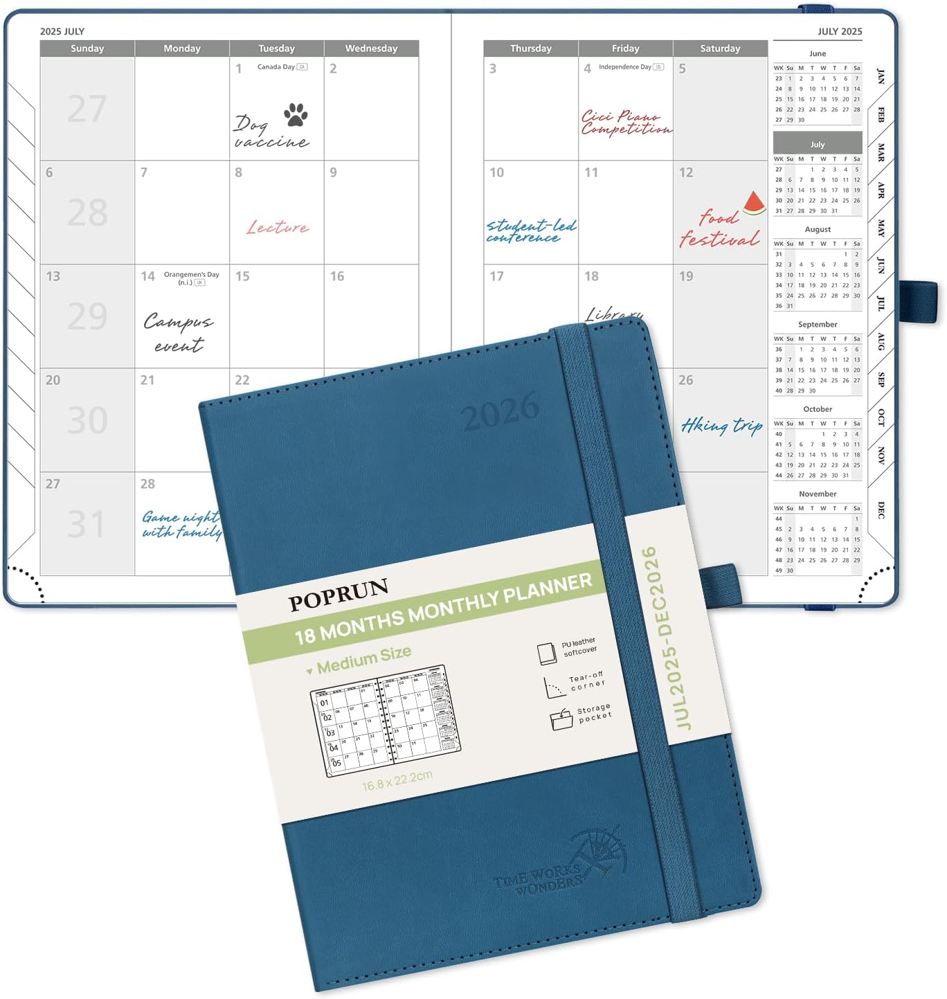 POPRUN Monthly Planner 2025-2026 (Medium- 6.5'' x 8.5'' Soft Cover), 18-Month Calendar Book (Jul.2025-Dec.2026), Calendar Planner with Monthly Tabs & Pocket, 100 GSM Paper - Night Sky Blue