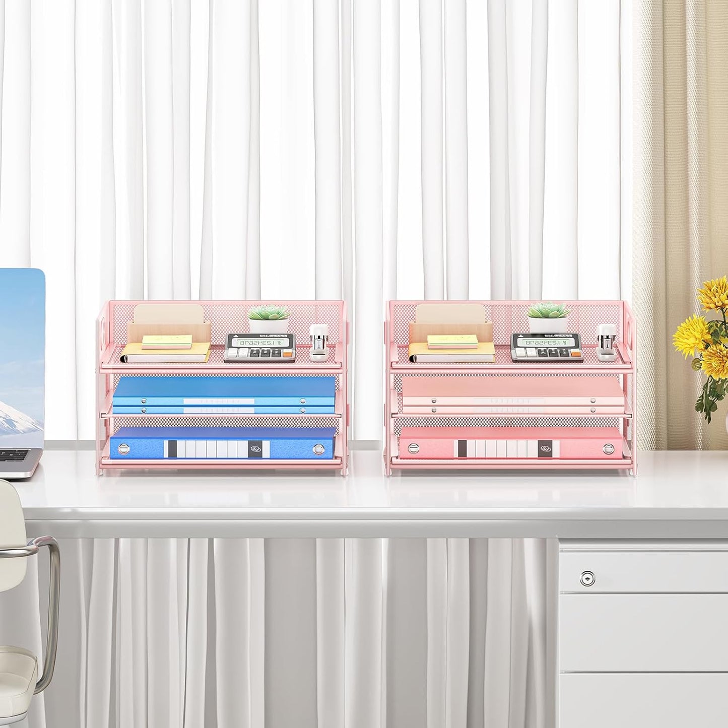 Subekyu 2-Pack 3-Tier Pink Metal Mesh Desk Paper Letter Tray & File Sorter Organizer with Handle + 1 Sliding Tray for Desk, Home, Office, School Supplies, A4 Paper and Accessories Storage