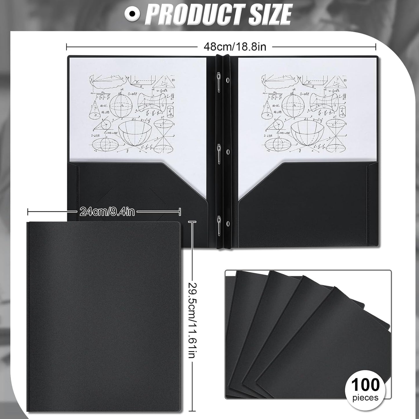 Lincia 100 Pcs Plastic Folders with Pockets and Prong Folders with Prongs Plastic Folders with 2 Pockets Pocket Folders for Office, School for Students, Teachers, Office Workers (Black)