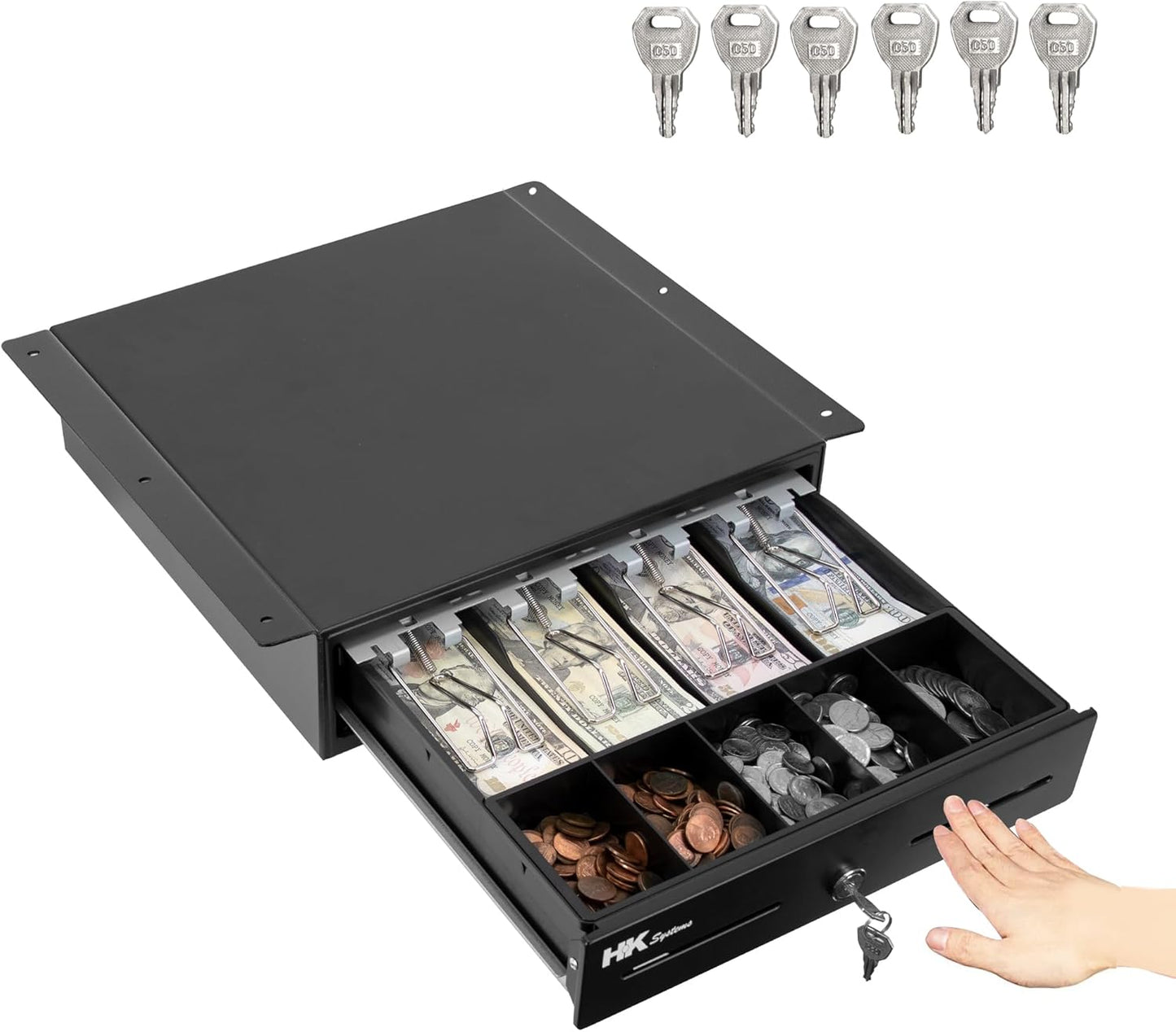 HK SYSTEMS 13" Heavy Duty Black "Push" Open Cash Drawer, 4B5C with Under Counter Mounting Metal bracket