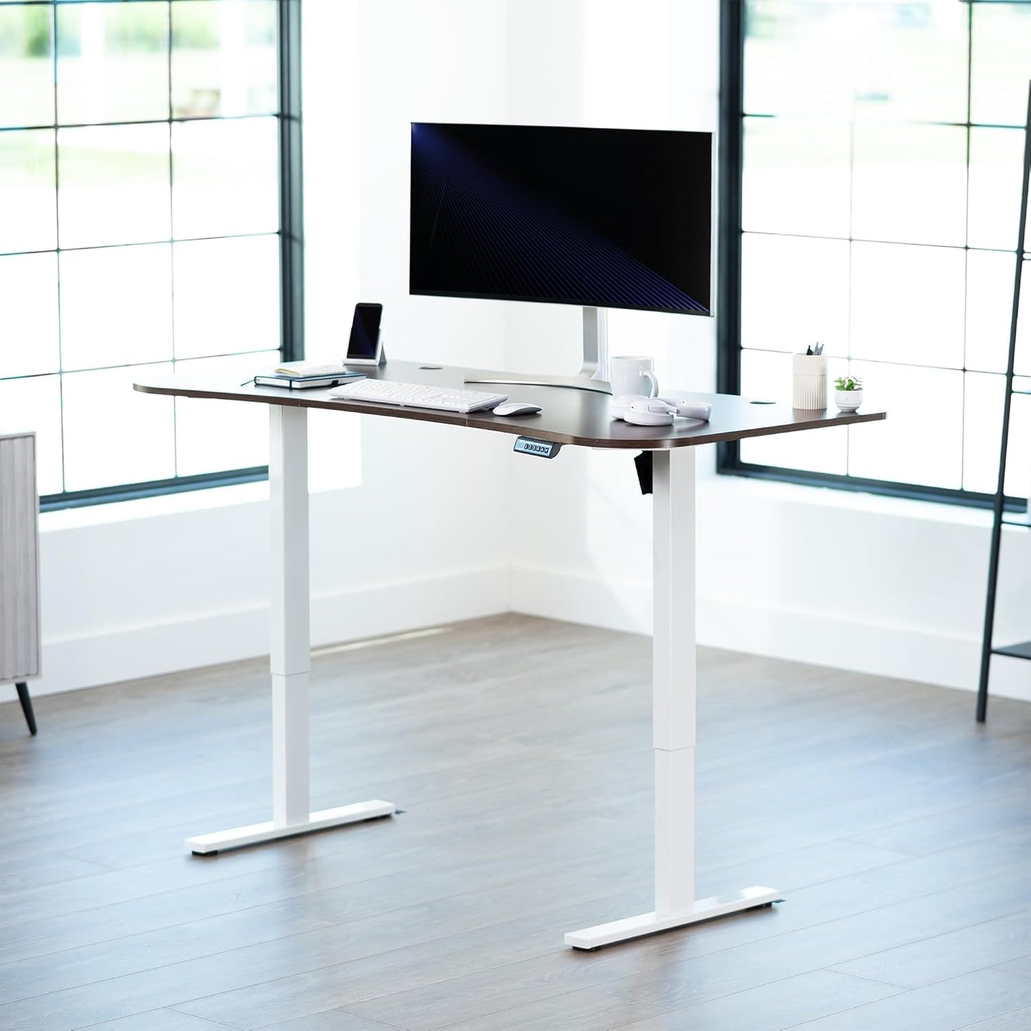 VIVO Electric 63 x 32 in Standing Desk, Memory Height Adjustment, 1B Series, Dark Walnut Top White Frame, DESK-KIT-1W1D
