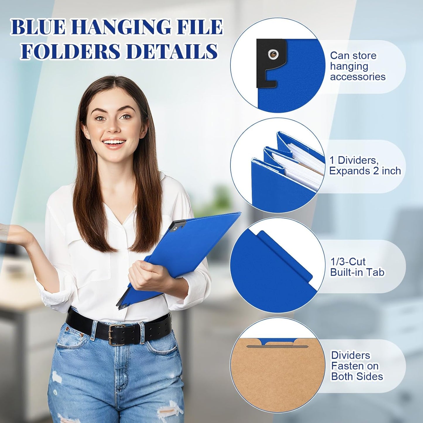 Henoyso 10 Pcs Dark Blue Hanging Classification Folders with Prongs, 1 Divider Letter Size, 1/3-cut with Built-in Hangers for Standard Medical Files, Law Client Files, Office Reports