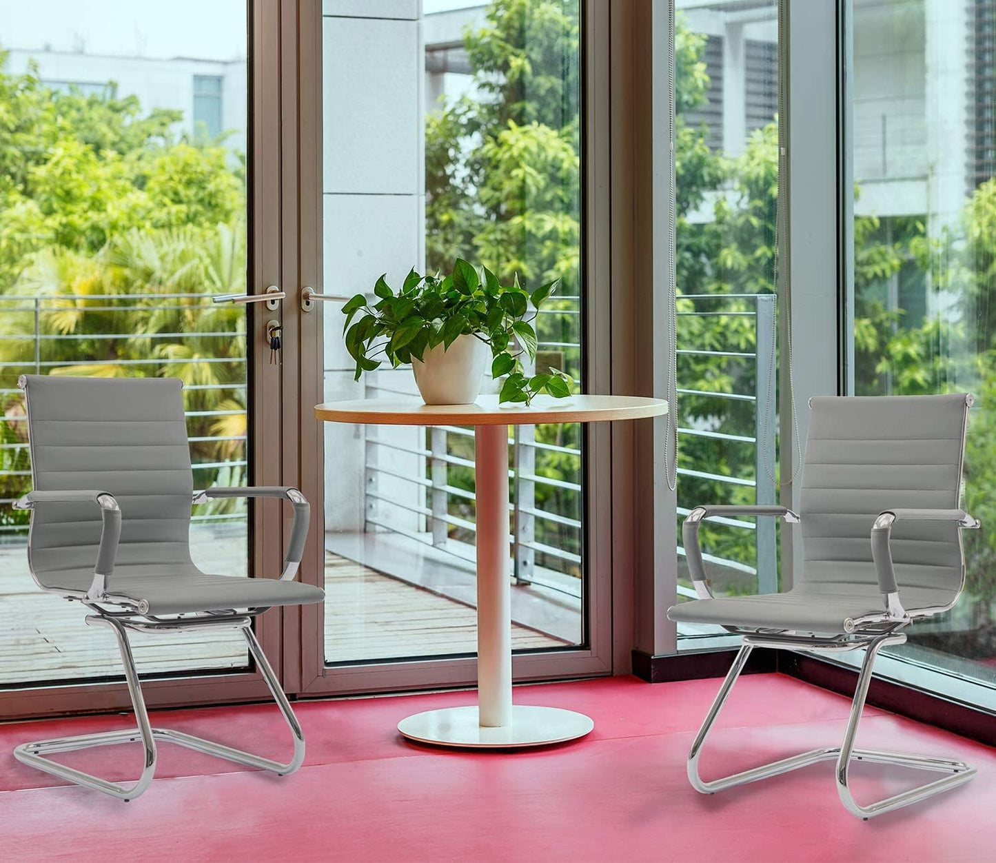 Office Desk Chair No Wheels Set of 4 PU Leather Computer Chairs Mid Back Guest Chairs for School Reception Conference Waiting Room, Grey