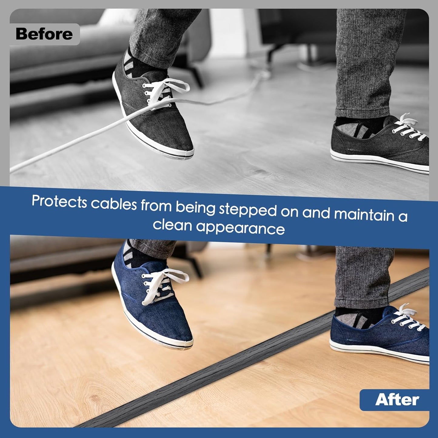 Floor Cord Cover for Wires on Floor Self Adhesive Cord Hider Floor Cable Management Wire Covers for Cords Protector Prevent Cable Trips Cord Cavity W 0.47" x H 0.27", Deep Gray Wood, 3.3Ft