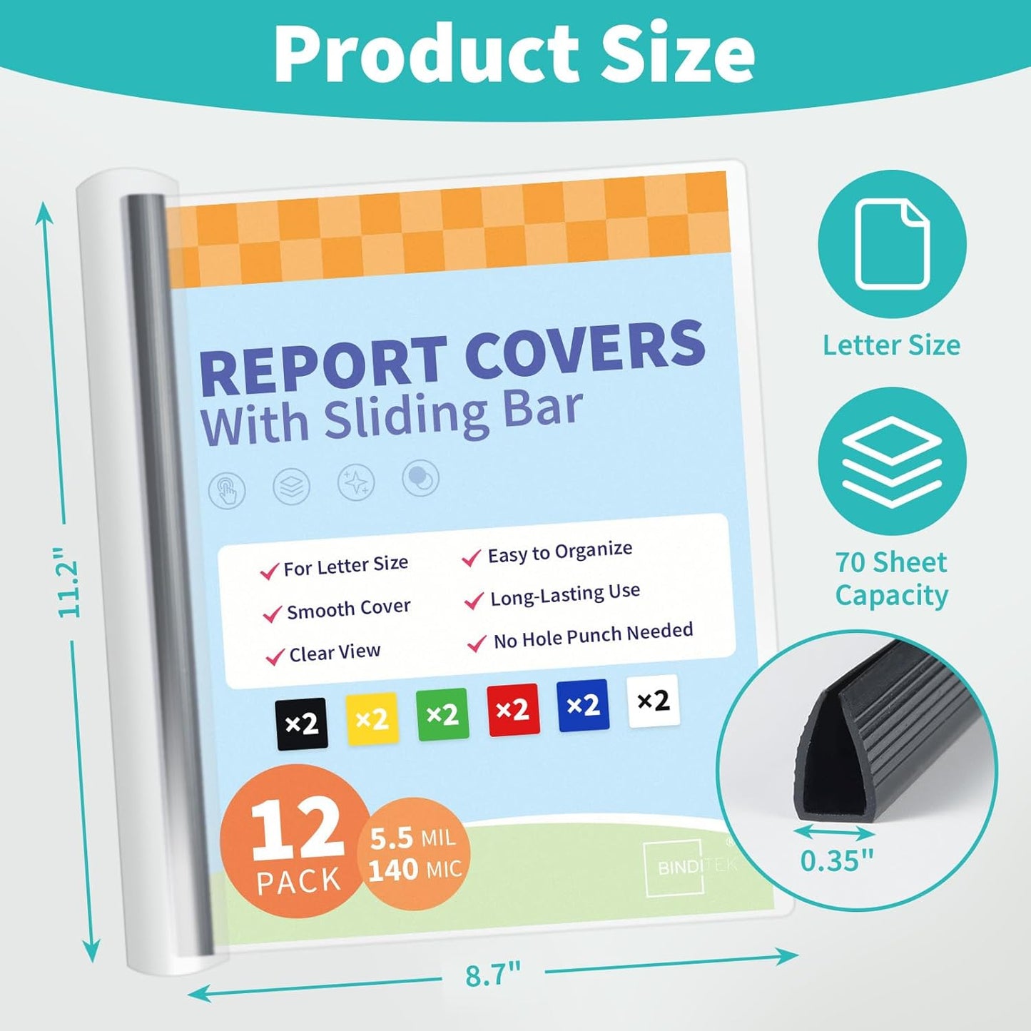 Binditek 12 Pack Clear Report Covers with Sliding Bars, 9mm Sliding Bar File Folder, 70 Sheet Capacity, Letter Size, Multi Color (White, Yellow, Red, Green, Navy, Black), Office Supplies