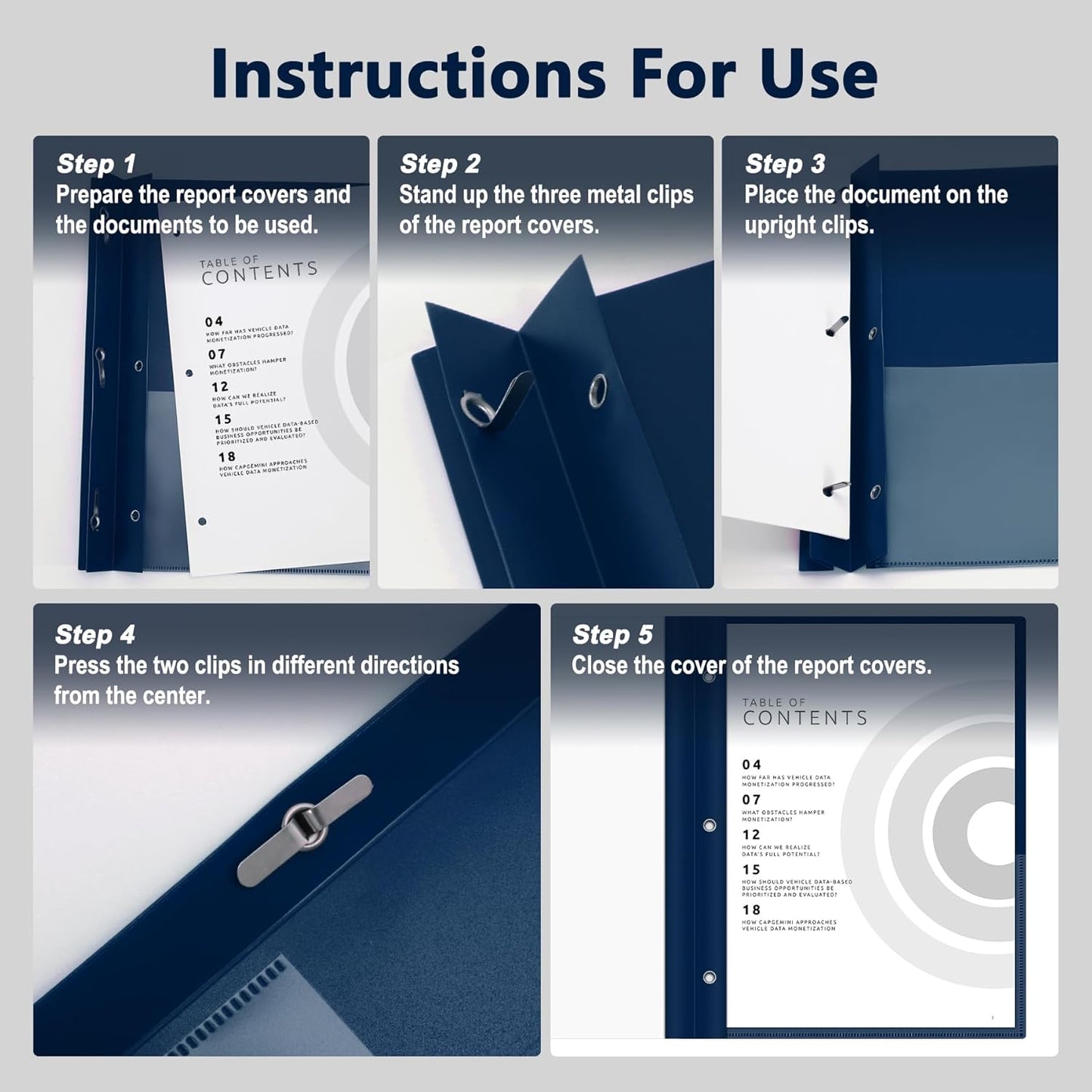 Ndsox 30 Packs Clear Front Report Covers with 3-Prong Fasteners Plastic Project Presentation Folders Resume Document Covers with Navy Blue Back for 8.5x11" Letter Size Paper for School Office Business