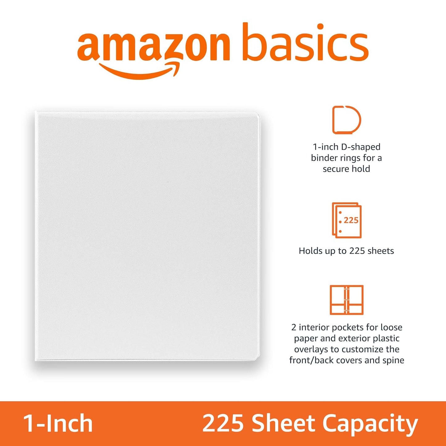 Amazon Basics 3 Ring Binder with Durable 1 Inch D-Ring and Clear Overlay for Storage and Organization, Pack of 4, White